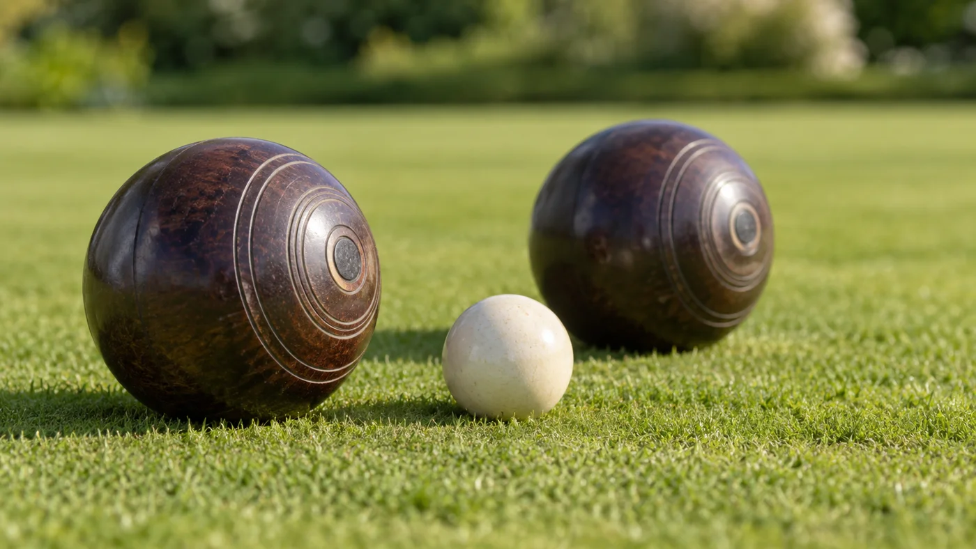 An illustrative close-up of lawn bowls and a jack on grass