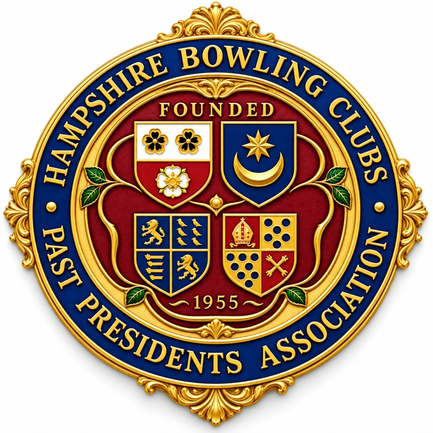 Hampshire Bowling Clubs Past Presidents Association crest, with four heraldic shields surrounded by gold ornament and navy lettering